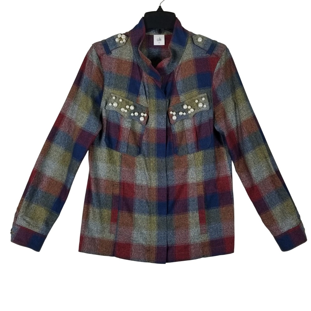 Cabi 3555 Heritage Jacket Womens Medium Multicolor Plaid Pearl Embellished 173s